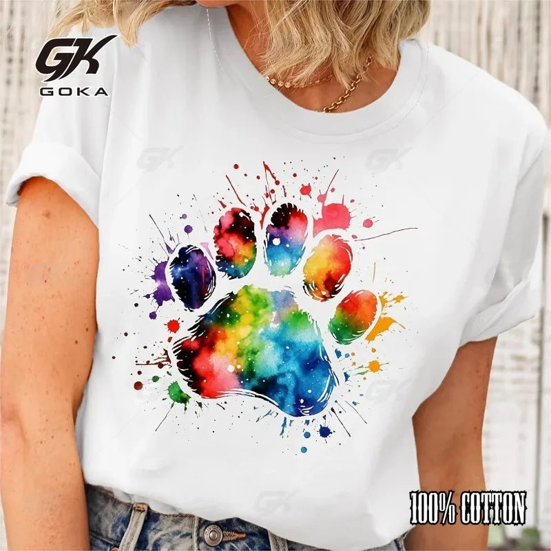 Colorful Cartoon Dog Paw Print Women's Fashion Cotton T-shirt Summer Spring Casual Cartoon Pattern Short Sleeved Women's Top