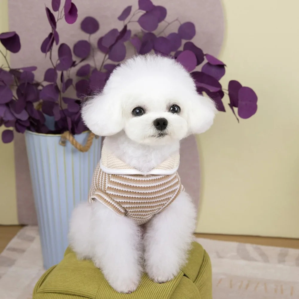 Cute Lapel Puppy Striped Pullover Polyester Thin Dog Short Sleeve Breathable Casual Dog Clothing for Small Dogs
