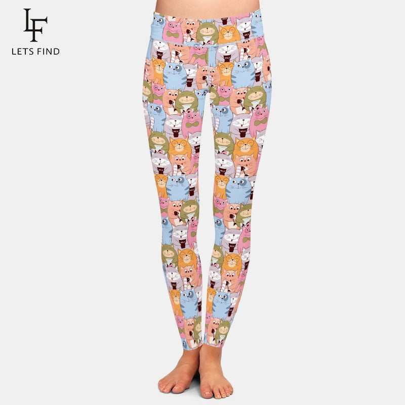 LETSFIND New High Waist Cute Cat Pattern Women Pants High Quaility 3D Hand-painted Cat Print Fitness Slim Girls Stretch Leggings