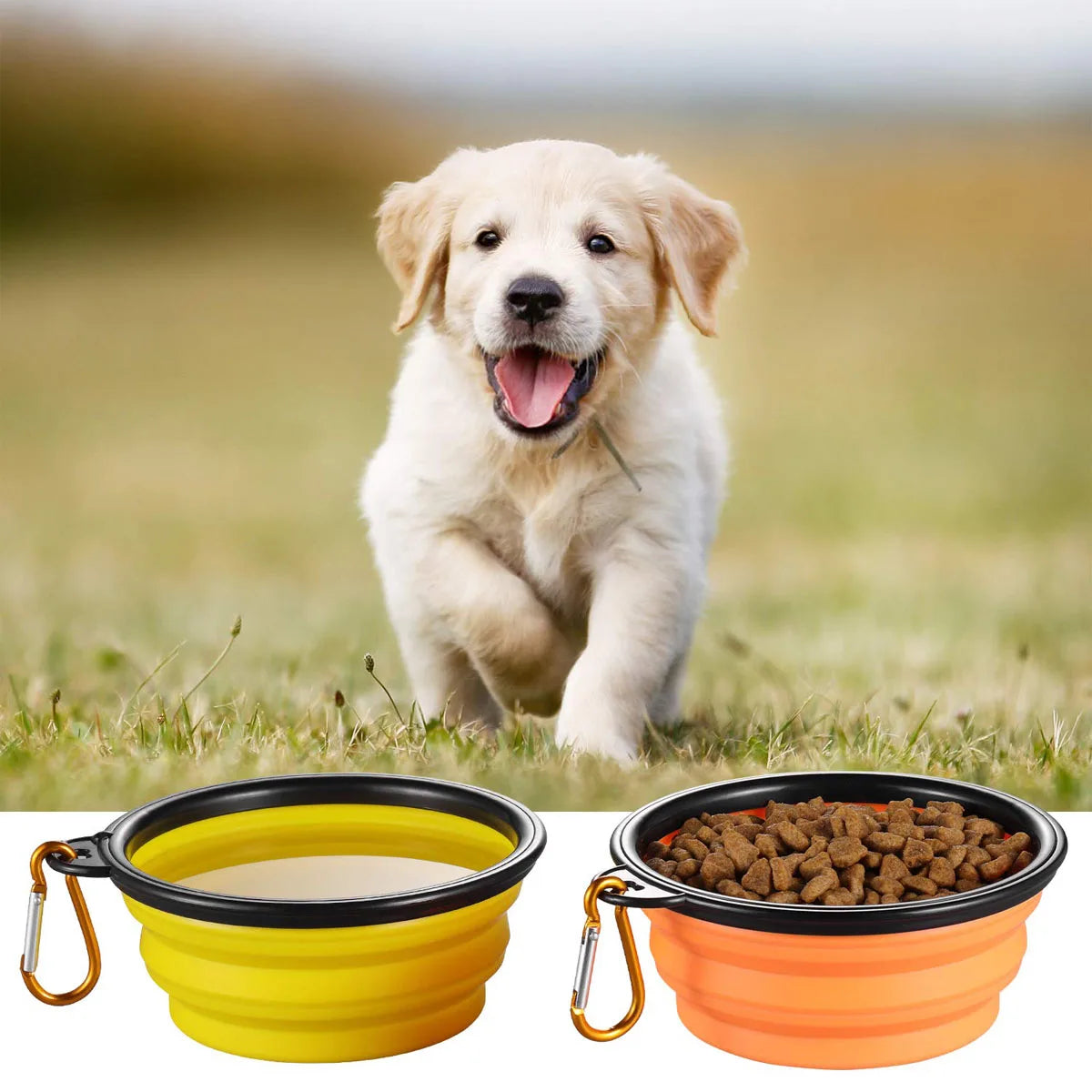Dogs Feed Supplies Folding Silicone Bowl Portable Puppy Water Container with Carabiner Folding Cats Bowl Travel Pets Accessories