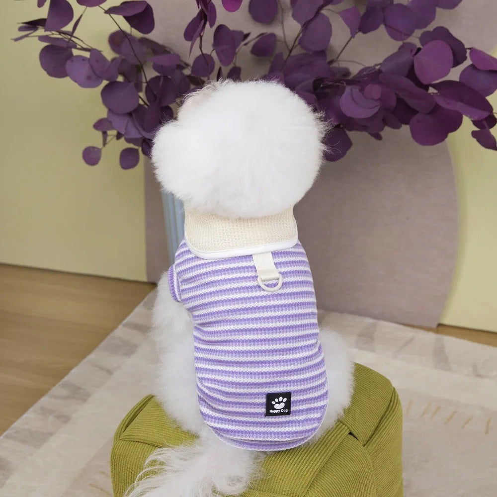 Cute Lapel Puppy Striped Pullover Polyester Thin Dog Short Sleeve Breathable Casual Dog Clothing for Small Dogs