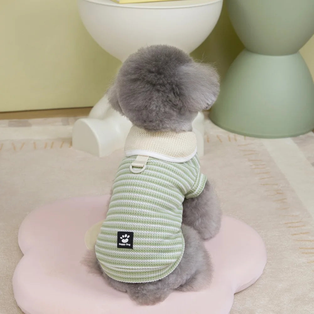Cute Lapel Puppy Striped Pullover Polyester Thin Dog Short Sleeve Breathable Casual Dog Clothing for Small Dogs