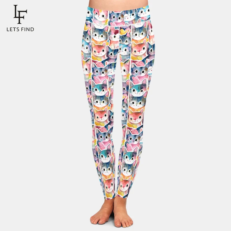 LETSFIND New High Waist Cute Cat Pattern Women Pants High Quaility 3D Hand-painted Cat Print Fitness Slim Girls Stretch Leggings