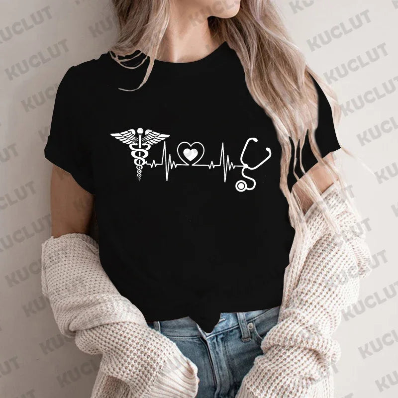 Heartbeat Nurse T-shirts for Women Clothing Doctor Shirt Medical Print Tshirt Nurse Life Tee Shirts Clothes Hospital Staff Shirt