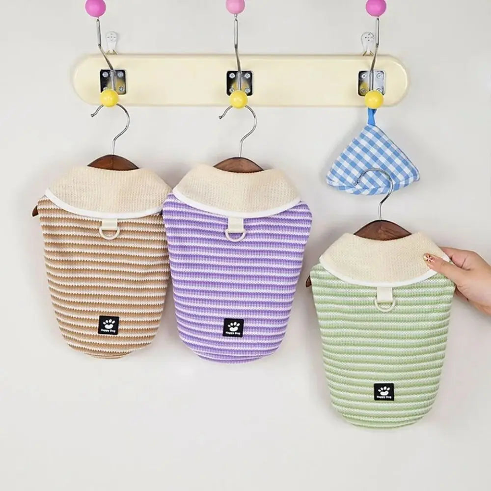 Cute Lapel Puppy Striped Pullover Polyester Thin Dog Short Sleeve Breathable Casual Dog Clothing for Small Dogs