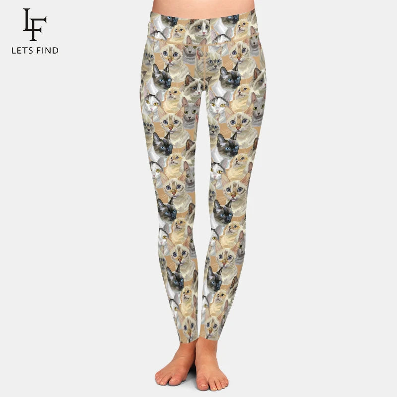 LETSFIND New High Waist Cute Cat Pattern Women Pants High Quaility 3D Hand-painted Cat Print Fitness Slim Girls Stretch Leggings