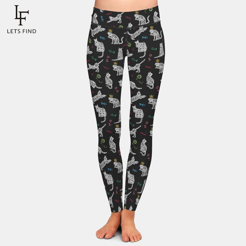 LETSFIND New High Waist Cute Cat Pattern Women Pants High Quaility 3D Hand-painted Cat Print Fitness Slim Girls Stretch Leggings