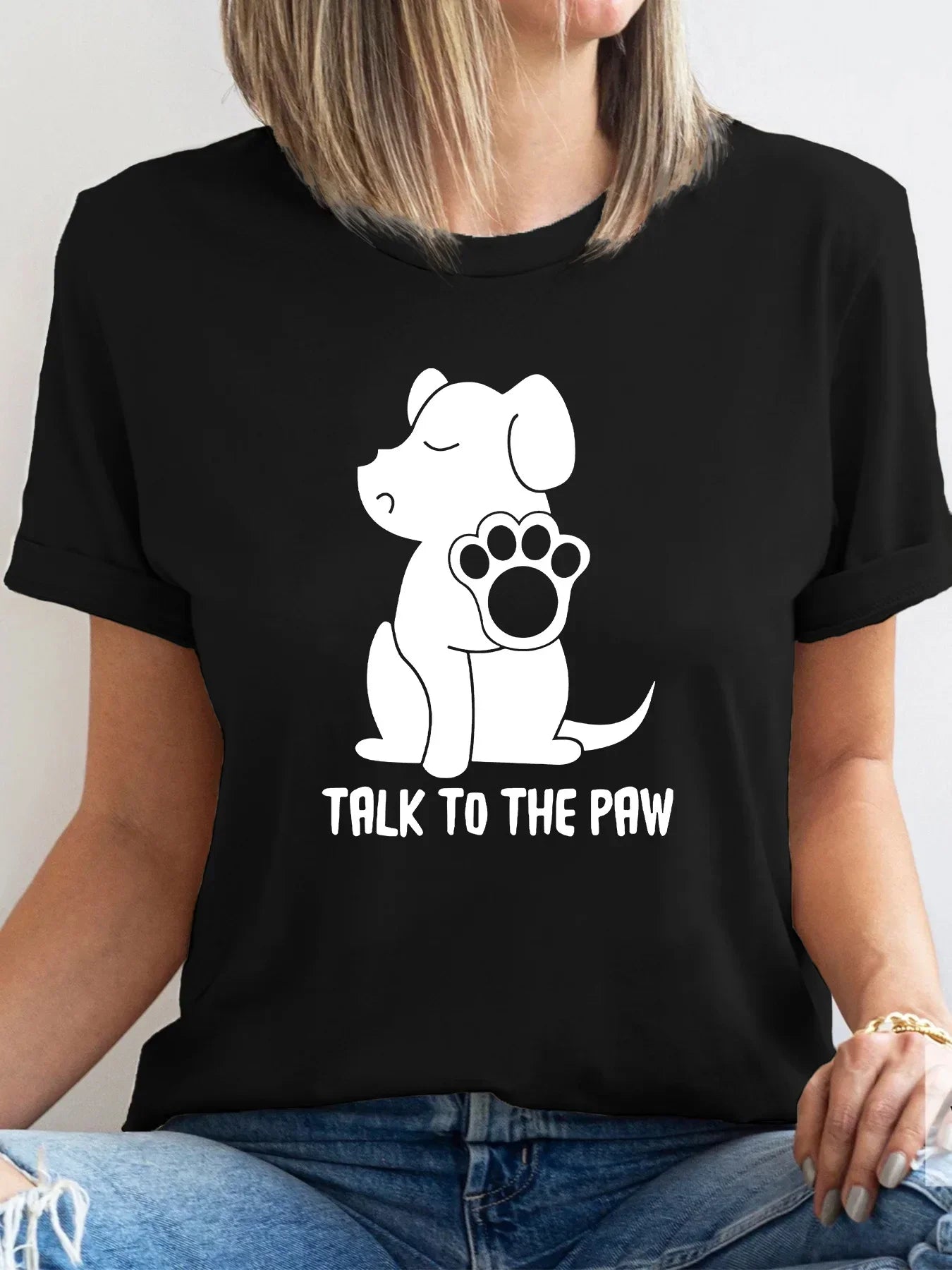 Casual Crew Neck T-Shirt, Polyester Blend with Slight Stretch, Short Sleeve, with Dog and 