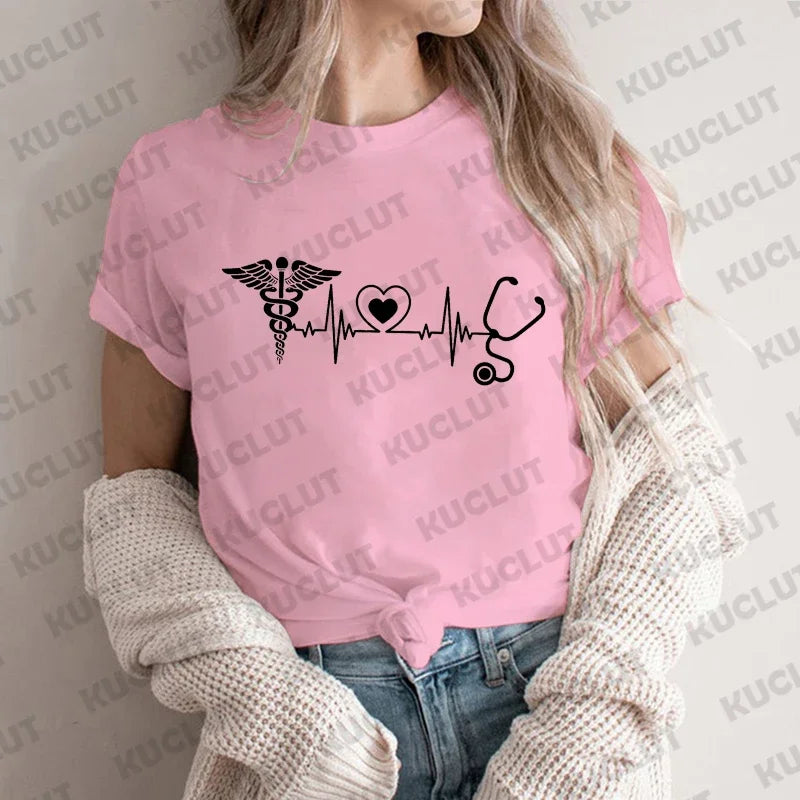 Heartbeat Nurse T-shirts for Women Clothing Doctor Shirt Medical Print Tshirt Nurse Life Tee Shirts Clothes Hospital Staff Shirt