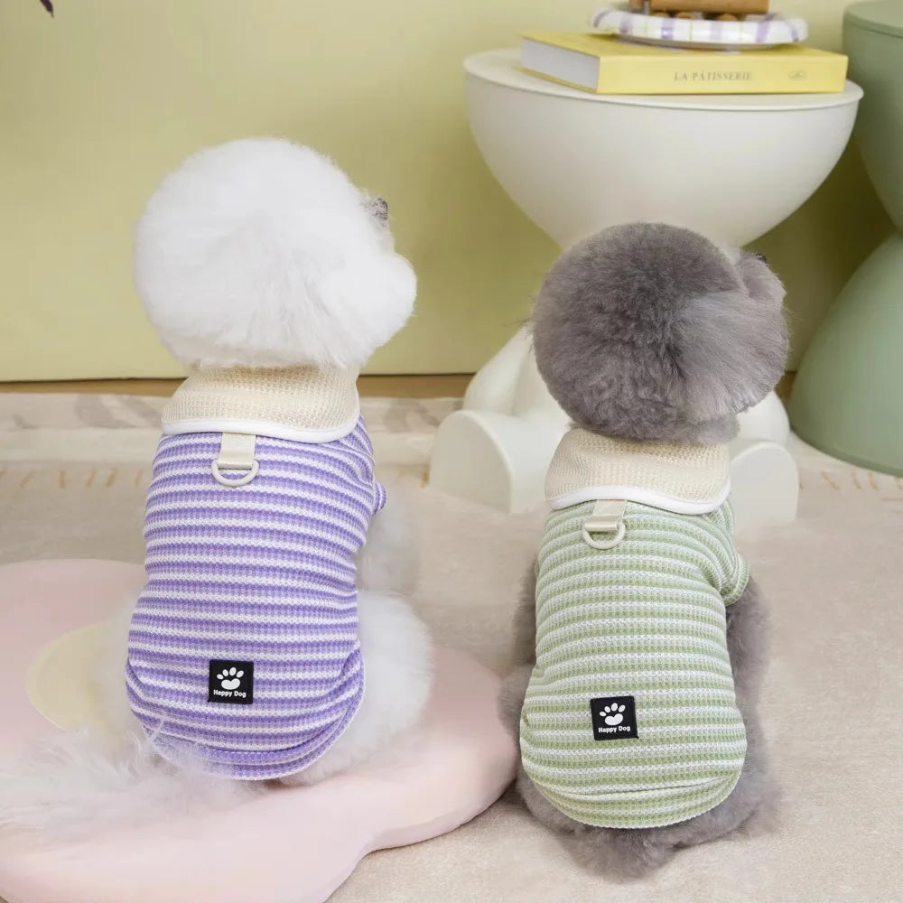 Cute Lapel Puppy Striped Pullover Polyester Thin Dog Short Sleeve Breathable Casual Dog Clothing for Small Dogs