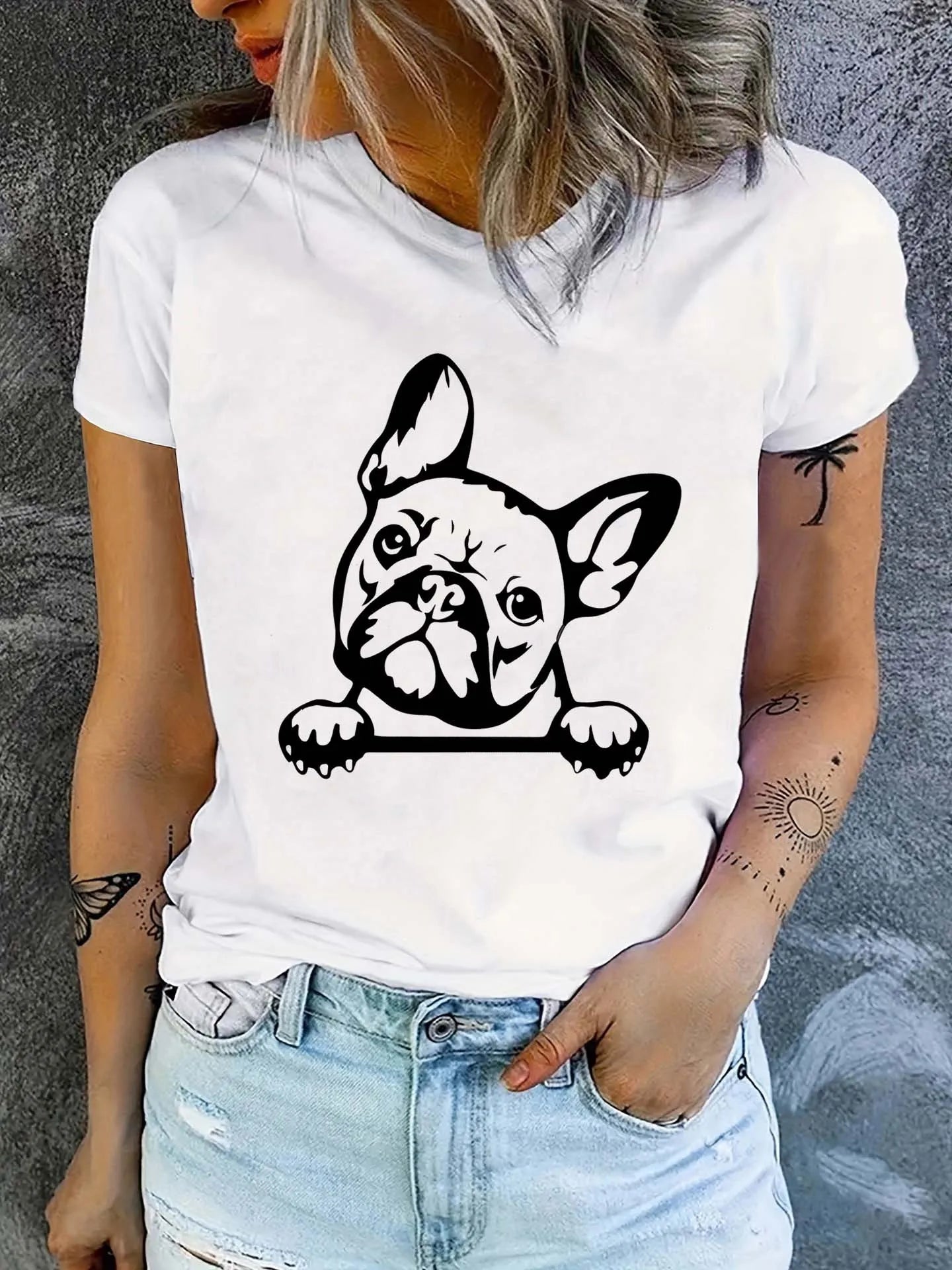 Summer Short Sleeve Crew Neck Dog Print T-shirt - Casual Top for Women - Spring