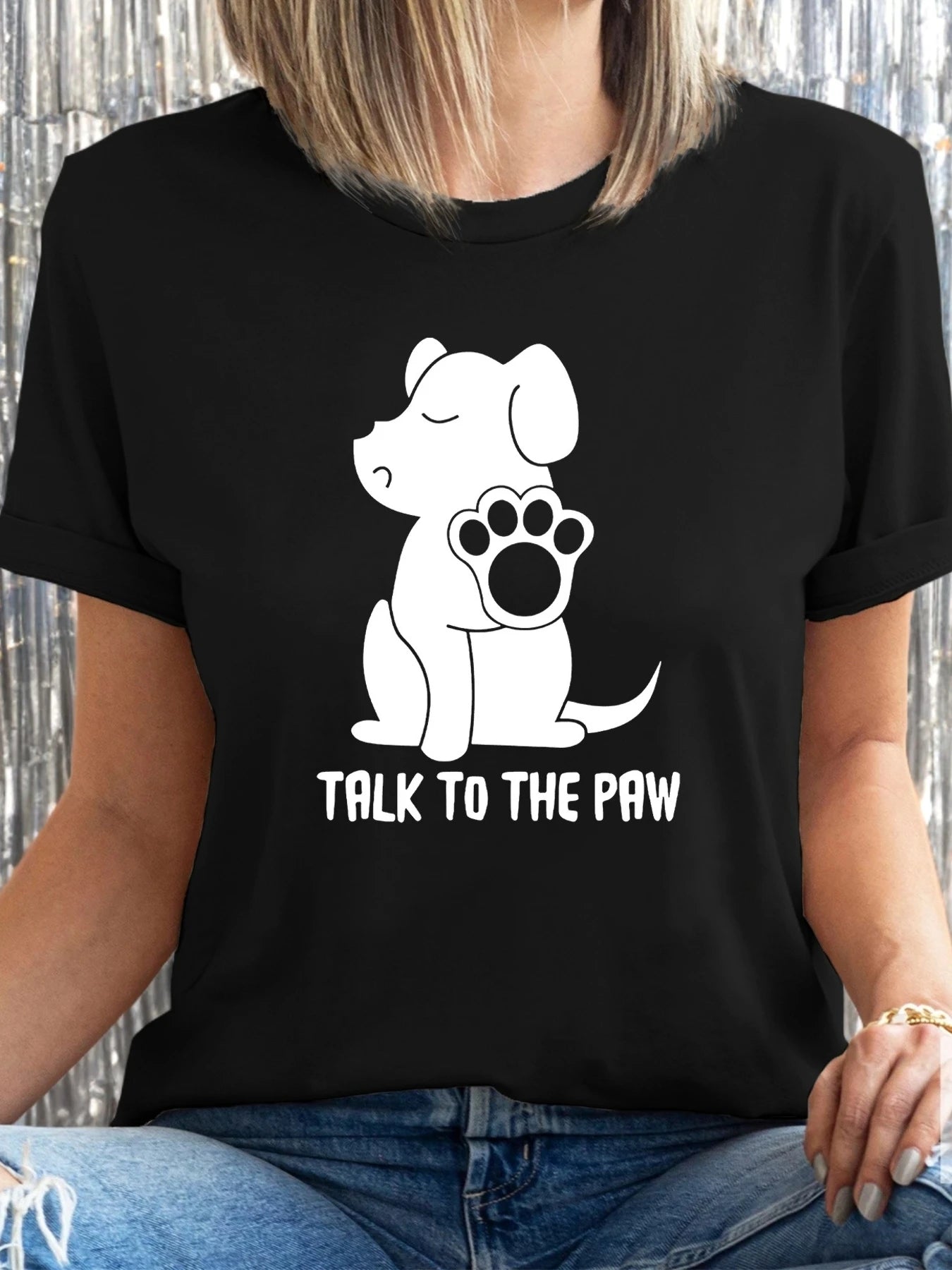 Casual Crew Neck T-Shirt, Polyester Blend with Slight Stretch, Short Sleeve, with Dog and 