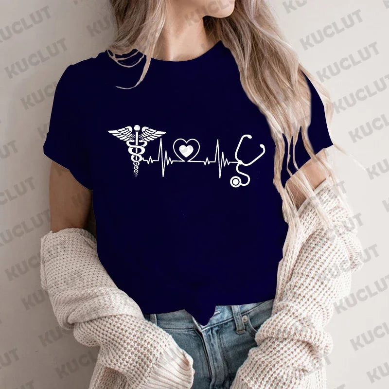Heartbeat Nurse T-shirts for Women Clothing Doctor Shirt Medical Print Tshirt Nurse Life Tee Shirts Clothes Hospital Staff Shirt
